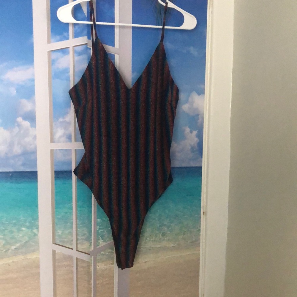 Trac, large black, blue, green, gold, pink, red spaghetti straps bodysuit.